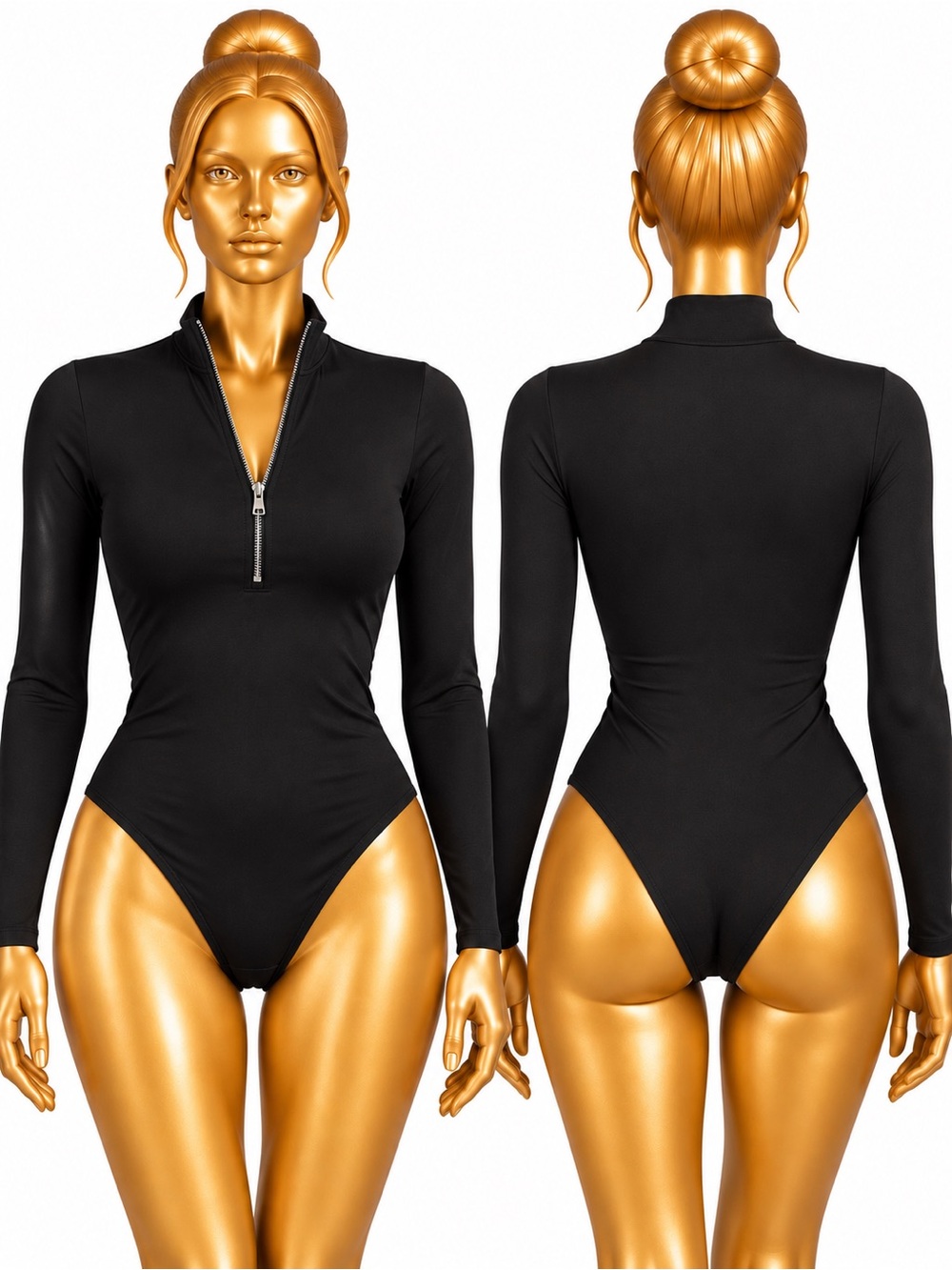 Fashion Nova Black Long Sleeve half zip Bodysuit Size Medium Stretch